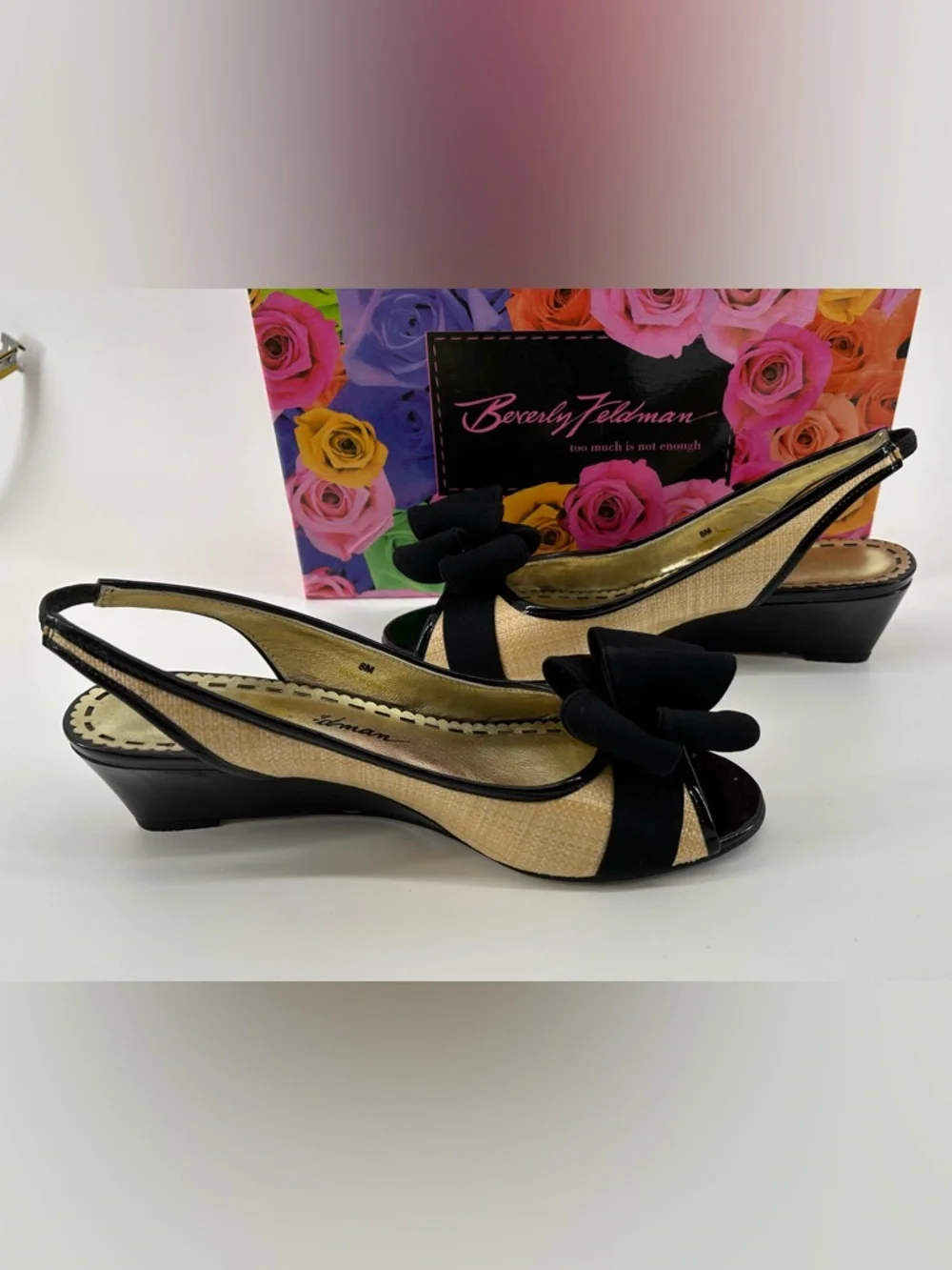 Beverly Feldman Black and Natural Slingback Peep-Toe Wedges with Bow